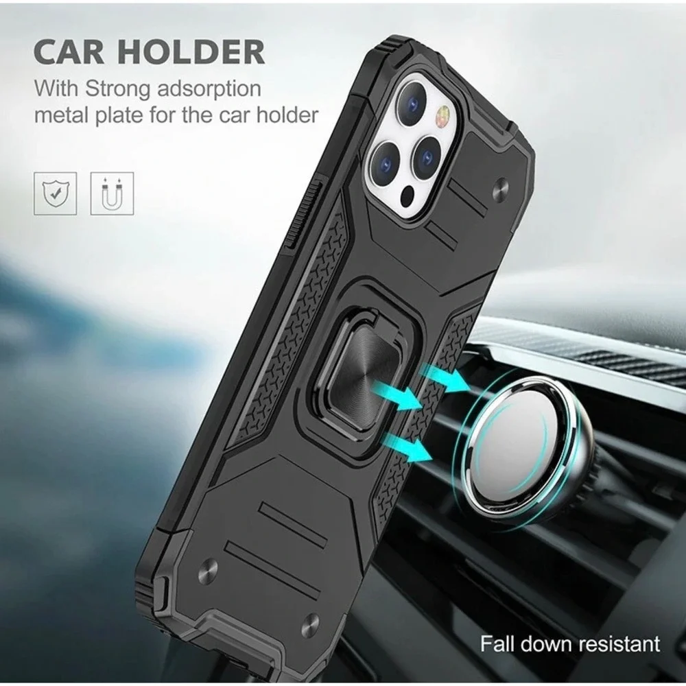 New Rugged iPhone 13 Pro Max Case Heavy Duty Armor Cover with Ring Stand Black